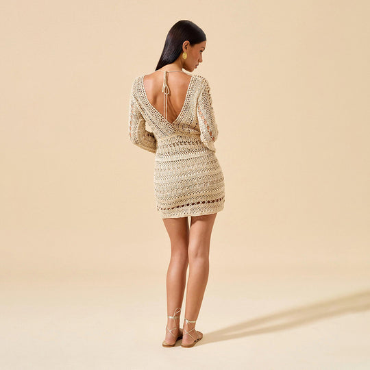 Damen gehäkeltes Strandkleid mit tiefem V-Ausschnitt und langem Arm EB