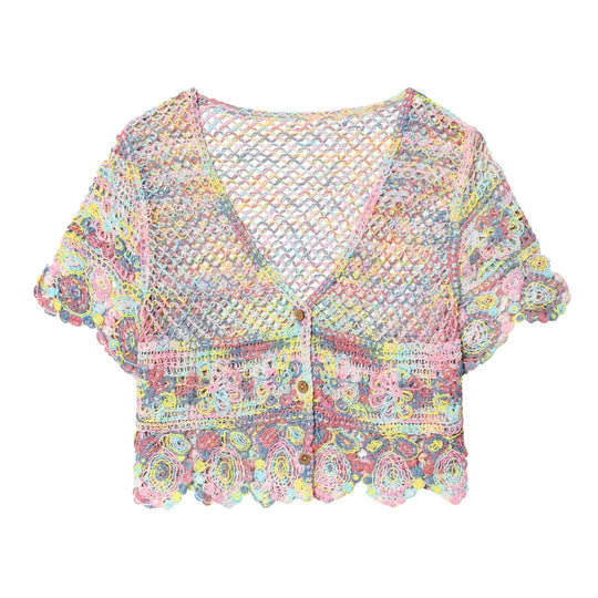 Damen luftiger Spitzen-Crochet-Cardigan mit buntem Häkelmuster EB