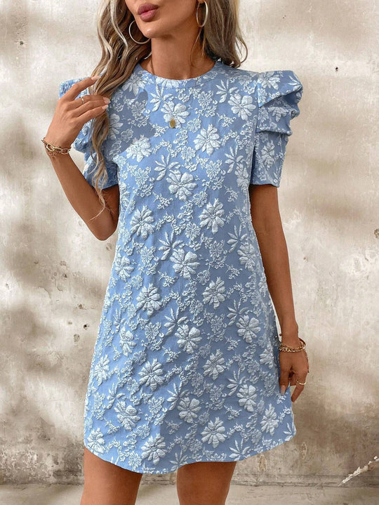 Damen nan florales Jacquard-Minikleid mit gestuften Puffärmeln EB