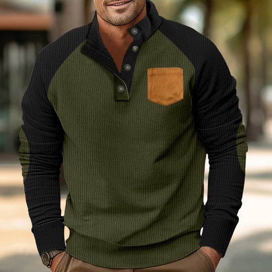 Herren Geripptes Henley‑Pullover mit Raglanärmeln, Ellenbogen‑Patches & Brusttasche EB