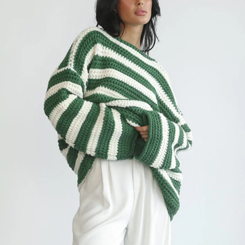 Damen Grobstrickpullover mit modischem Streifenmuster und lässigem Schnitt EB