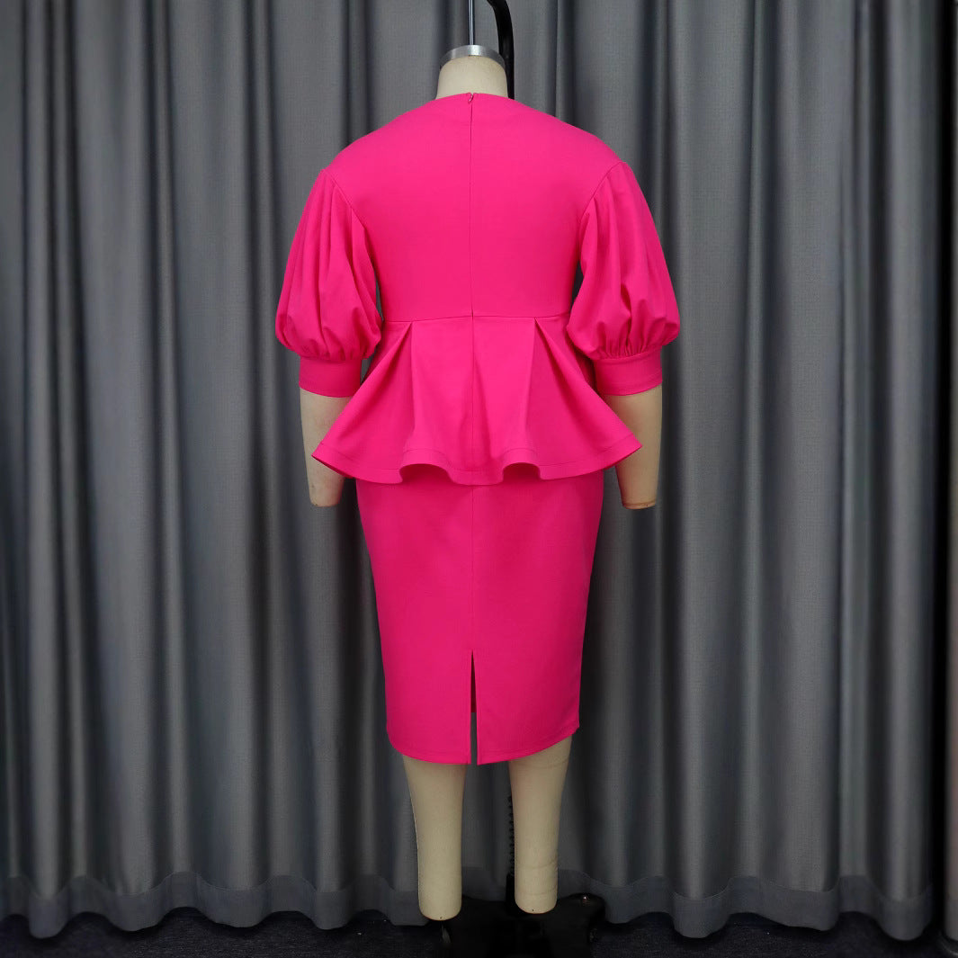 Damen elegantes A-Linien Kleid mit modischen Puffärmeln und floralem Akzent EB