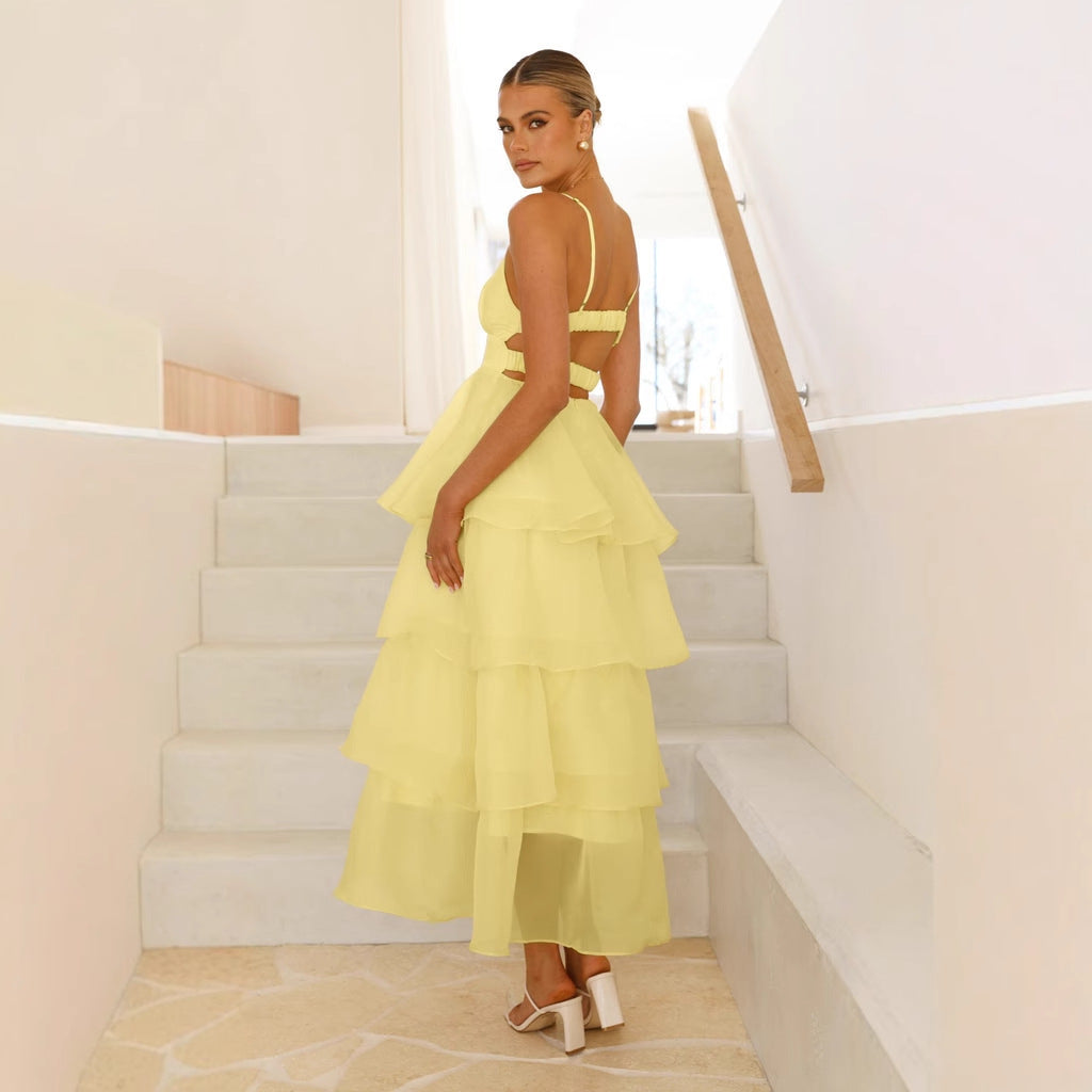 Damen luftiges Maxikleid mit Schichten und Spaghettiträgern EB