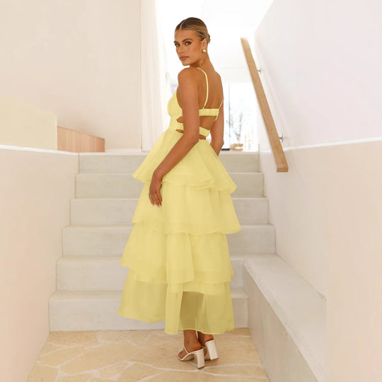 Damen luftiges Maxikleid mit Schichten und Spaghettiträgern EB