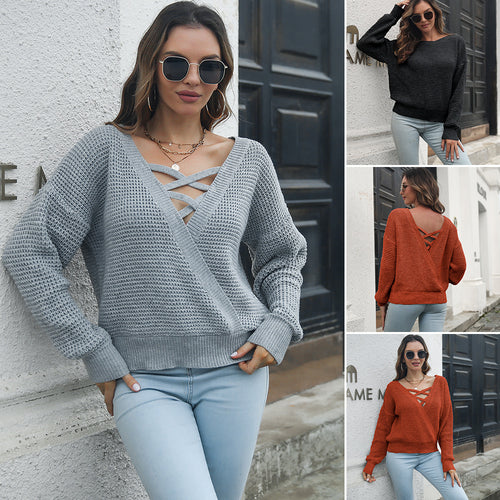 Damen Freizeit-Strickpullover mit elegantlyem V-Ausschnitt und verspielten Kreuzdetails EB