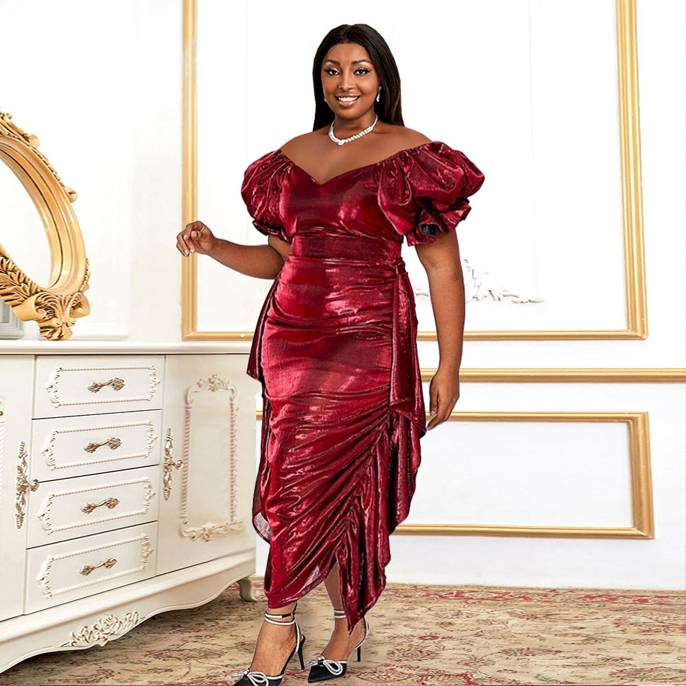 Damen Glamouröses Wickelkleid mit voluminösen Puffärmeln und seitlicher Drapierung EB
