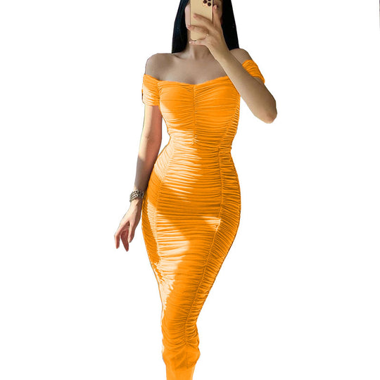 Damen figurbetontes Minikleid mit schulterfreiem Schnitt und Raffung EB