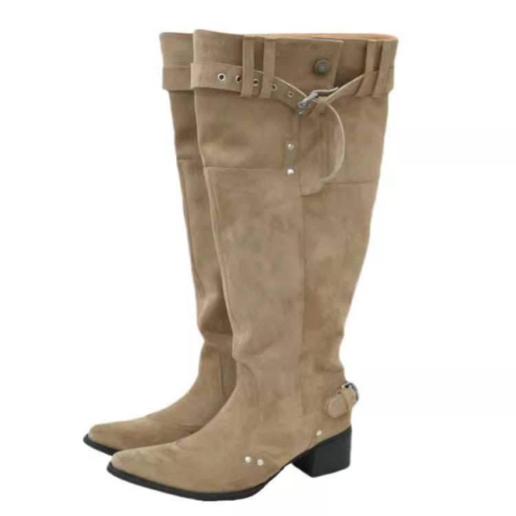 Damen kniehohe Stiefel mit robustem Absatz und stylishen Riemendetails EB