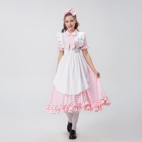 Damen nan Vintage-inspiriertes Karo-Swingkleid mit abnehmbarer Schürze, Rüschenärmeln und Schleifenkragen EB