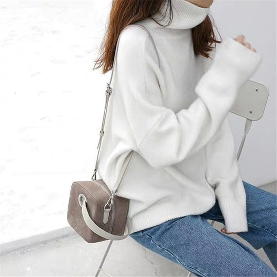 Damen Oversized Pullover mit hohem Kragen und Puffärmeln EB