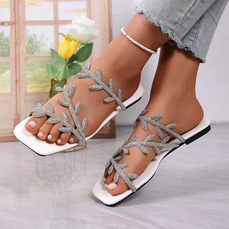 Damen dekorative Zehentrenner-Sandalen mit funkelndem Blattmuster EB