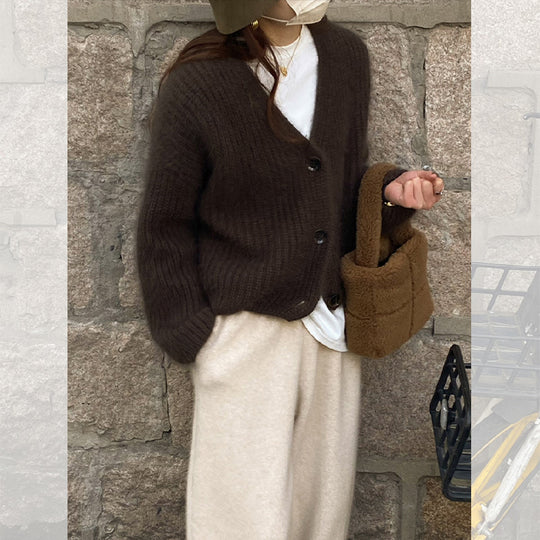 Damen Kuscheliger Strickcardigan mit großen Knöpfen EB
