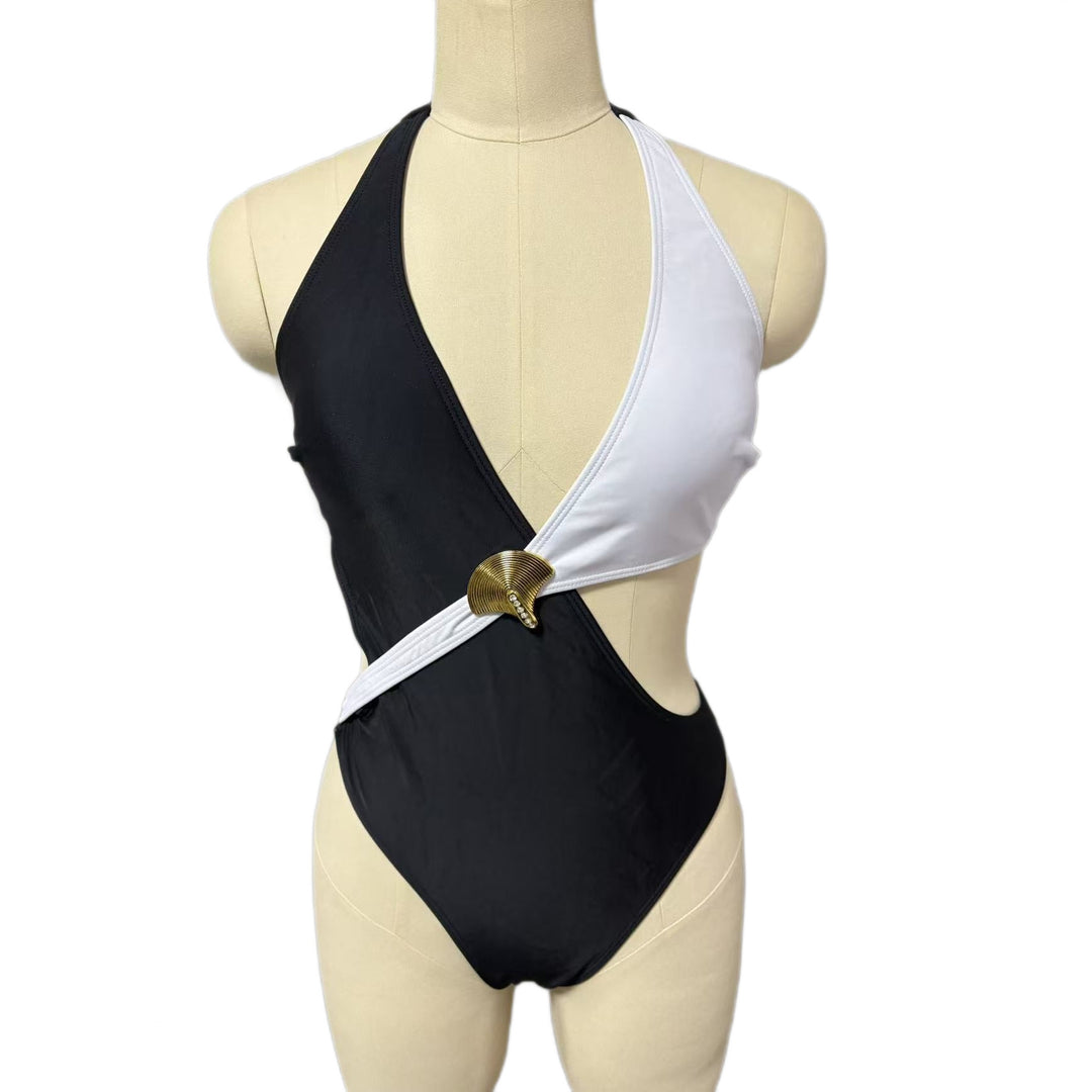 Damen Eleganter einteiliger Badeanzug mit asymmetrischem Design und goldener Schnalle EB