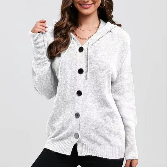 Damen lässige Strickjacke mit Kapuze und Knopfverschluss EB
