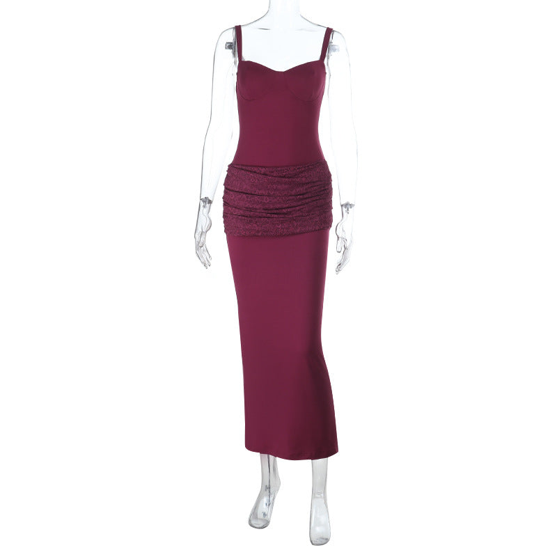 Damen elegantes Maxikleid mit gerafftem Oberteil und herzförmigem Ausschnitt EB