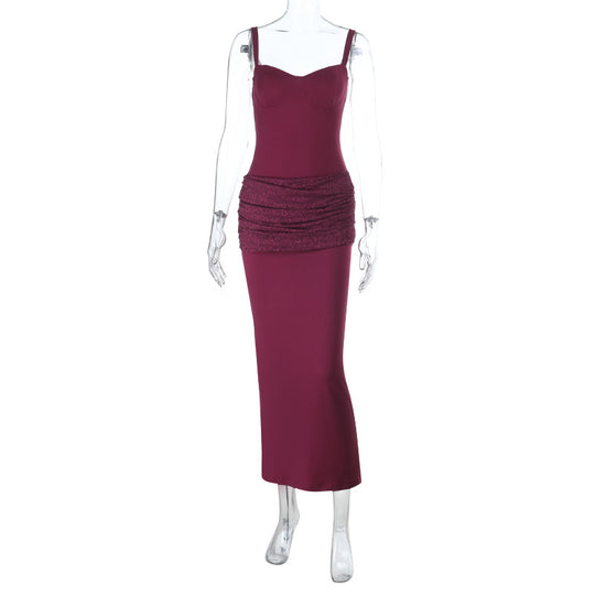 Damen elegantes Maxikleid mit gerafftem Oberteil und herzförmigem Ausschnitt EB