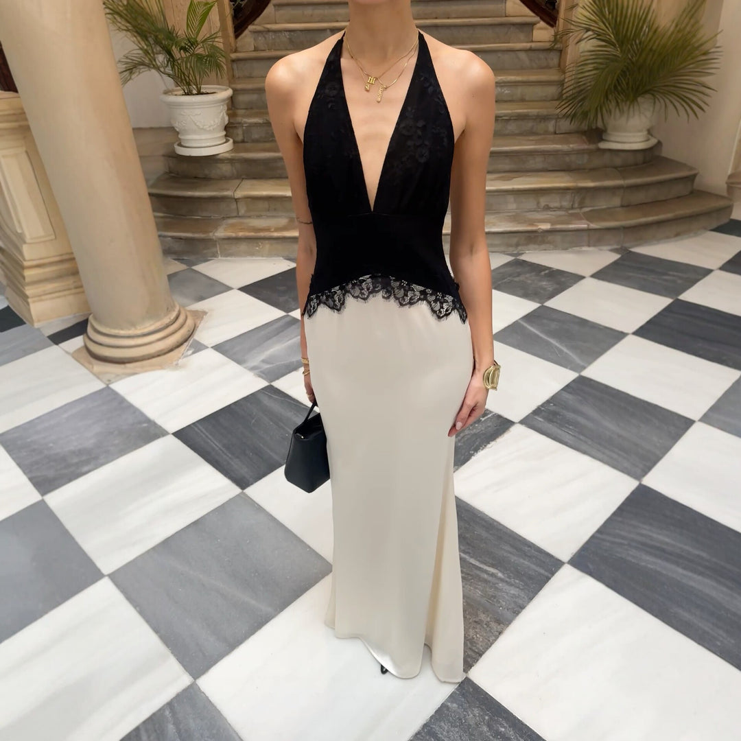 Damen Schickes Maxikleid mit Spitzenoberteil und V-Ausschnitt EB