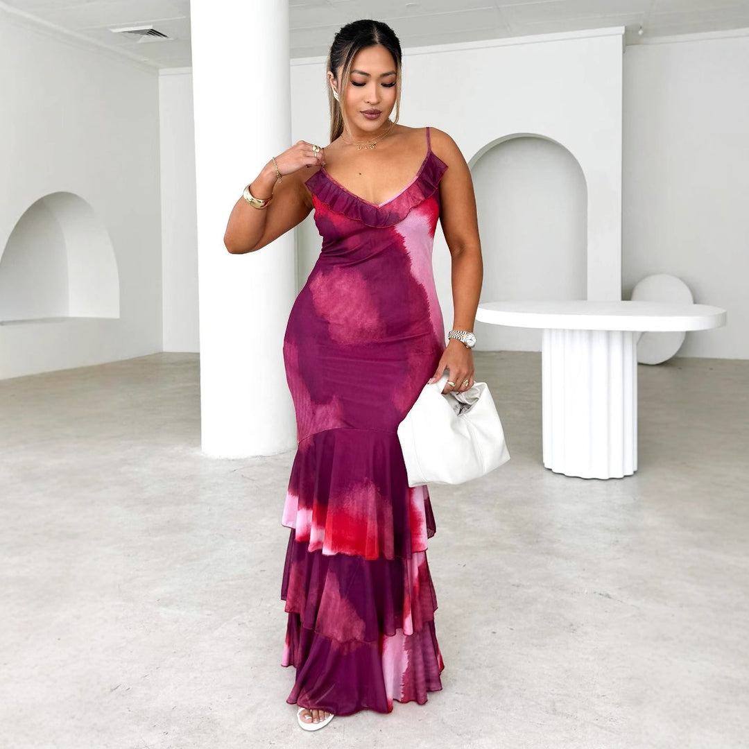 Damen körperbetontes Maxikleid mit Rüschendetails und Spaghettiträgern EB
