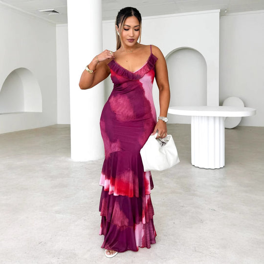 Damen körperbetontes Maxikleid mit Rüschendetails und Spaghettiträgern EB