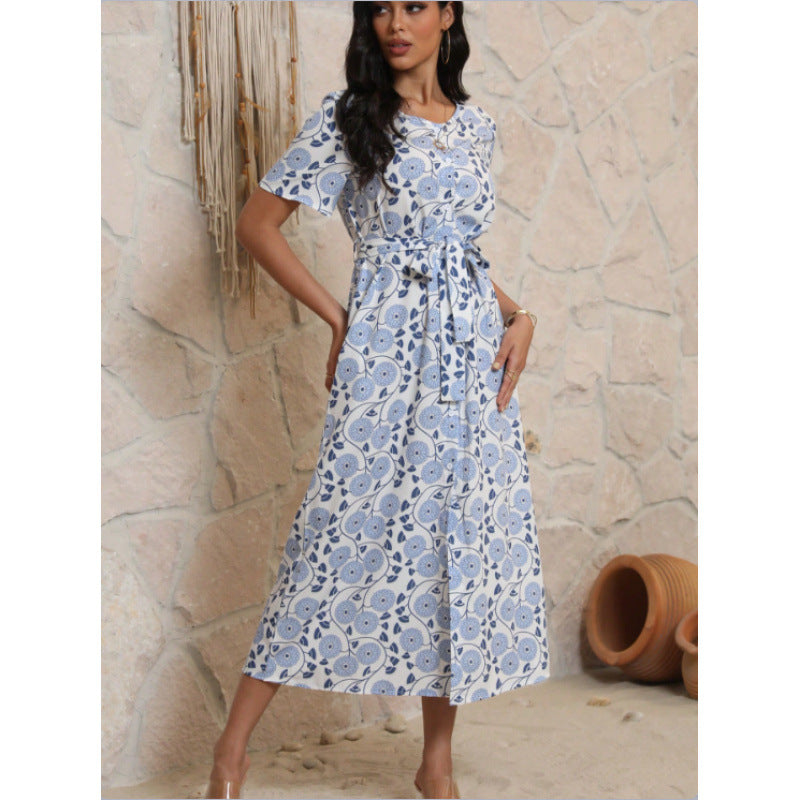 Damen Langarmmaxikleid mit floralem Design und elegantem Bindegürtel EB