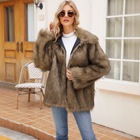 Damen Flauschige Kunstpelzjacke mit Umlegekragen und lockerer Passform EB