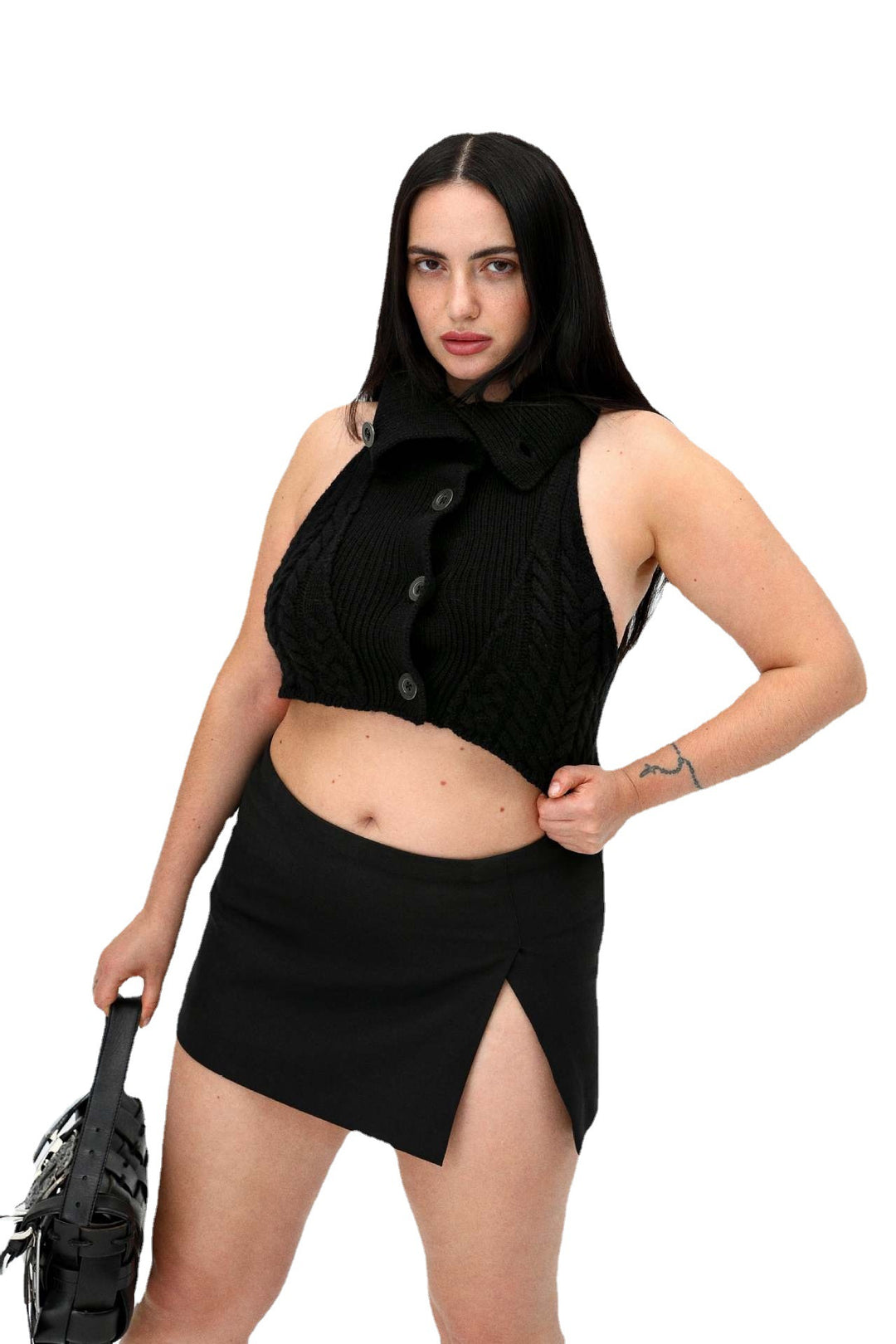 Damen gehäkeltes Crop-Oberteil mit hochgeschlossenem Kragen und Knopfleiste EB