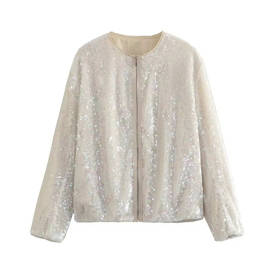 Damen Paillettenjacke mit durchgehendem Reißverschluss und elegantem Stehkragen EB