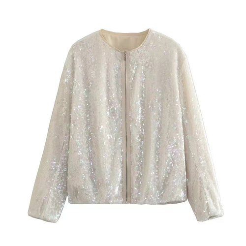 Damen Paillettenjacke mit durchgehendem Reißverschluss und elegantem Stehkragen EB