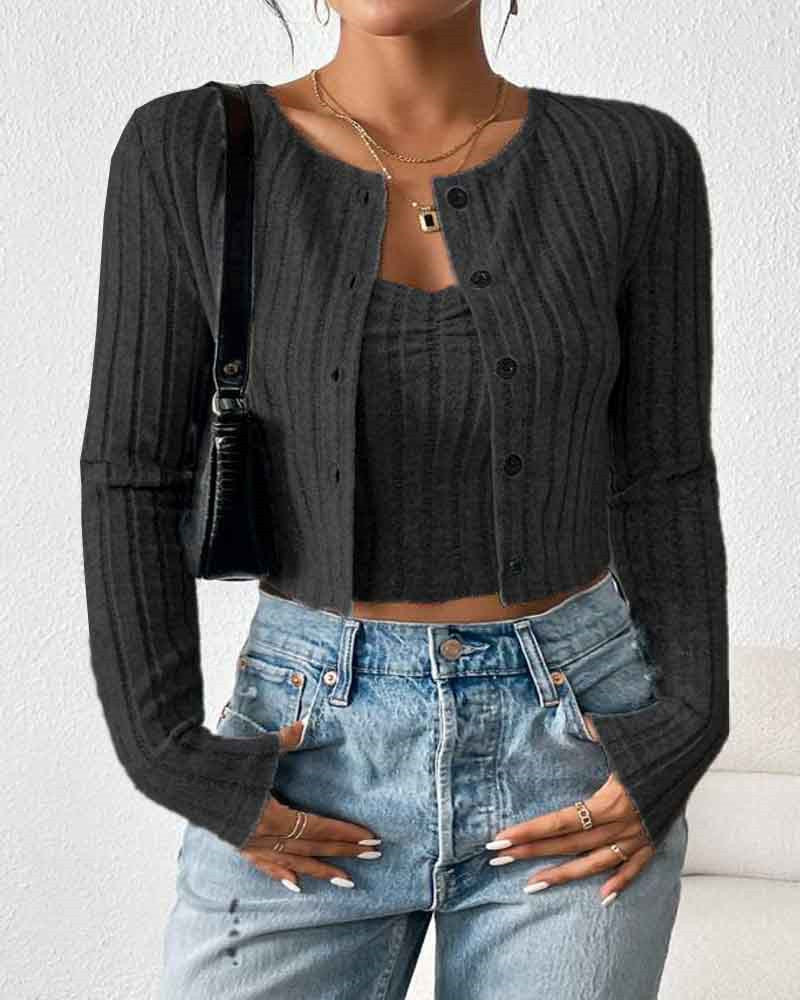 Damen lässige Strickjacke im schmalen Rippdesign mit Knopfleiste EB