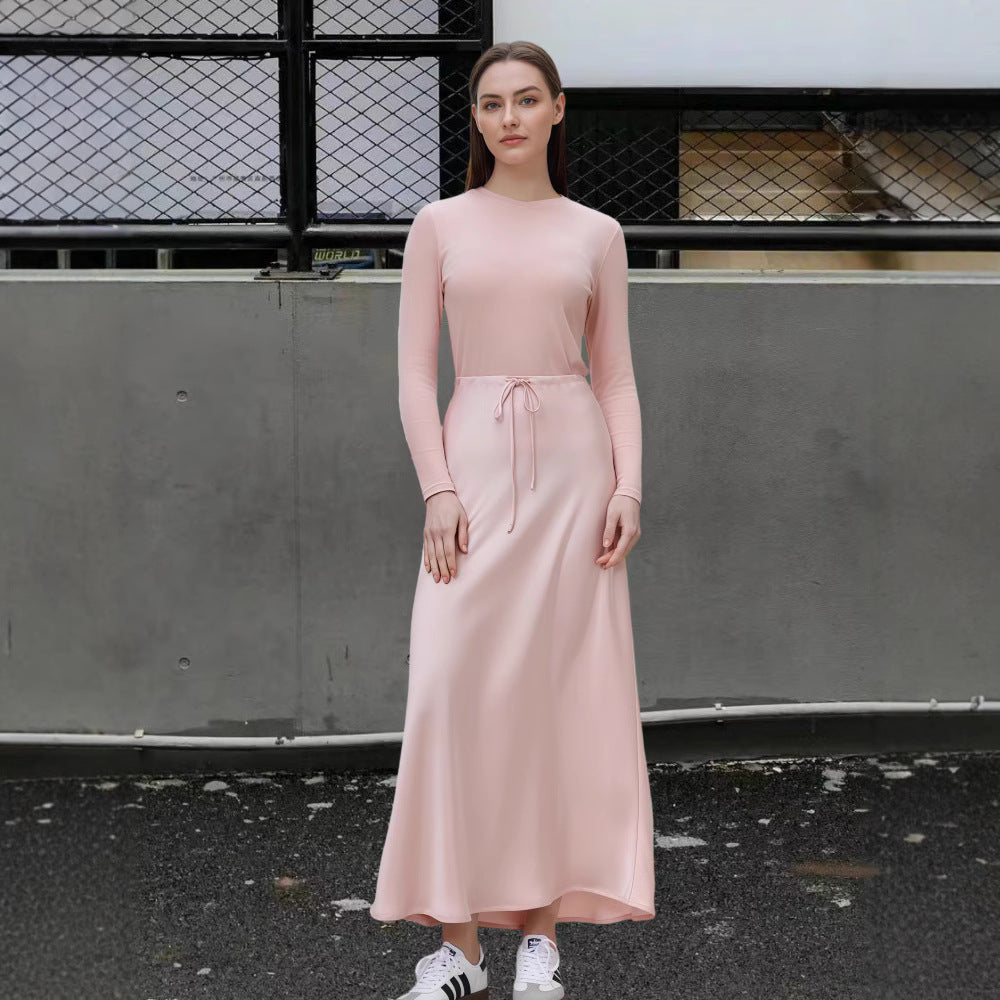Damen Fließendes Maxikleid mit eleganten langen Ärmeln und taillierbarem Bund EB