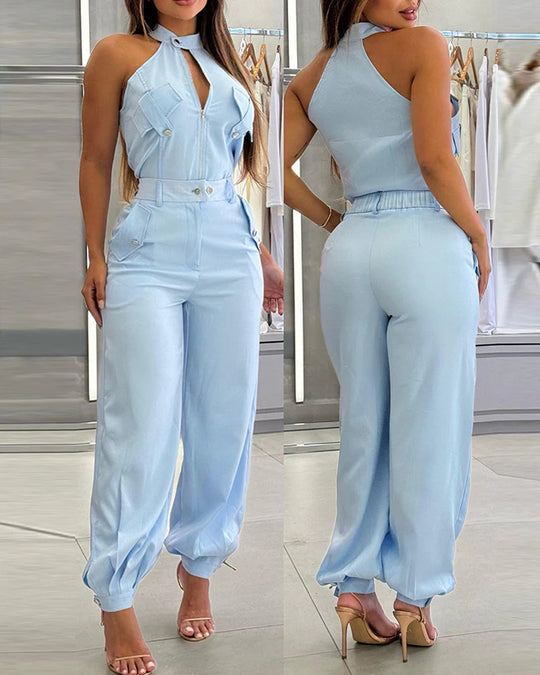 Damen modischer einteiliger Overall mit hohem Kragen und praktischen Taschen EB