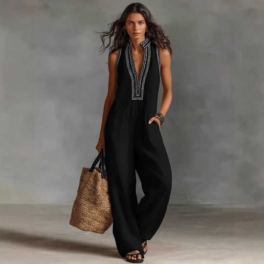 Damen luftiger Jumpsuit mit elegantem V-Ausschnitt und besticktem Kragen EB