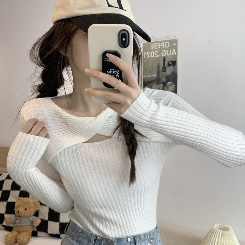 Damen Langarmshirt mit offener Schulterpartie und Rippstrickmuster EB