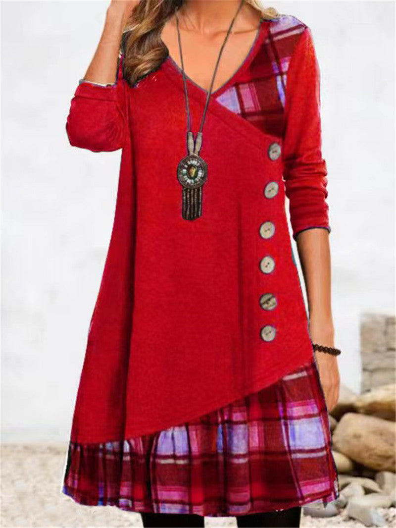 Damen modisches Wickelkleid mit Karomuster und Knopfdetails EB