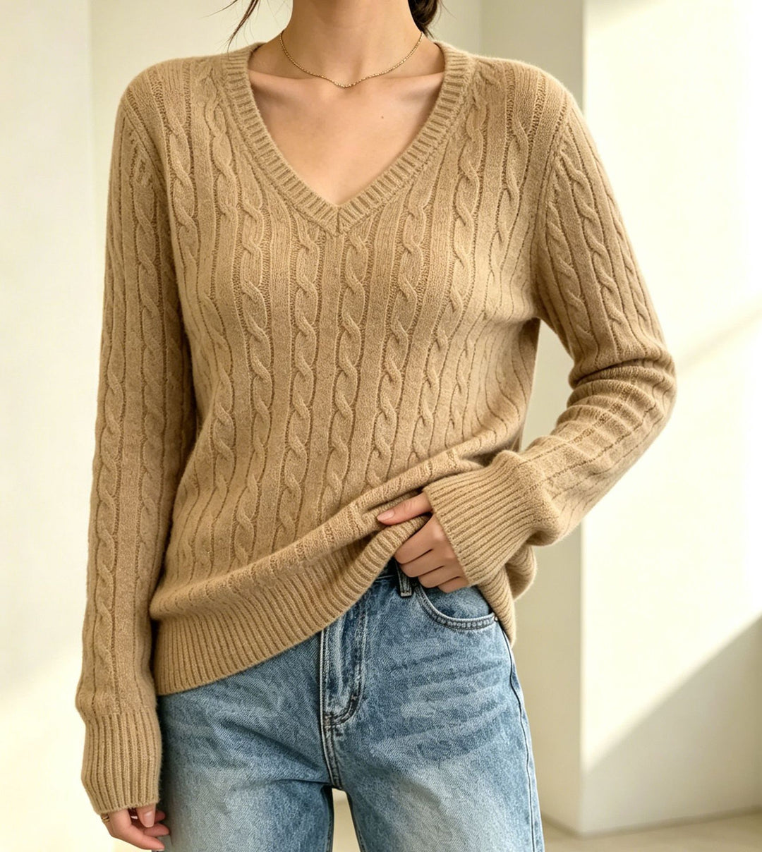 Damen Kabelstrickpullover mit V-Ausschnitt, feiner Struktur und taillierter Passform EB