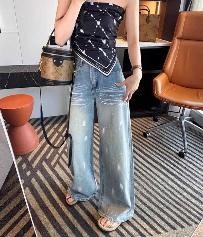 Damen Weite High-Waist Jeans mit modischem Waschdesign EB