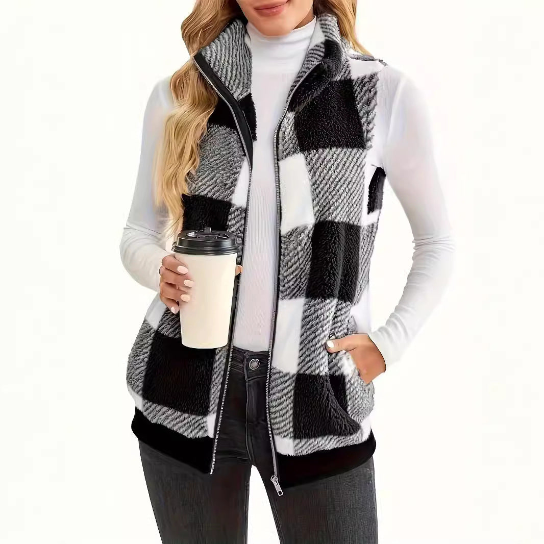 Damen Fleece-Weste mit Karomuster und praktischen Taschen EB