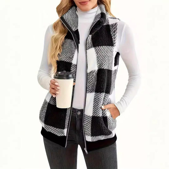 Damen Fleece-Weste mit Karomuster und praktischen Taschen EB