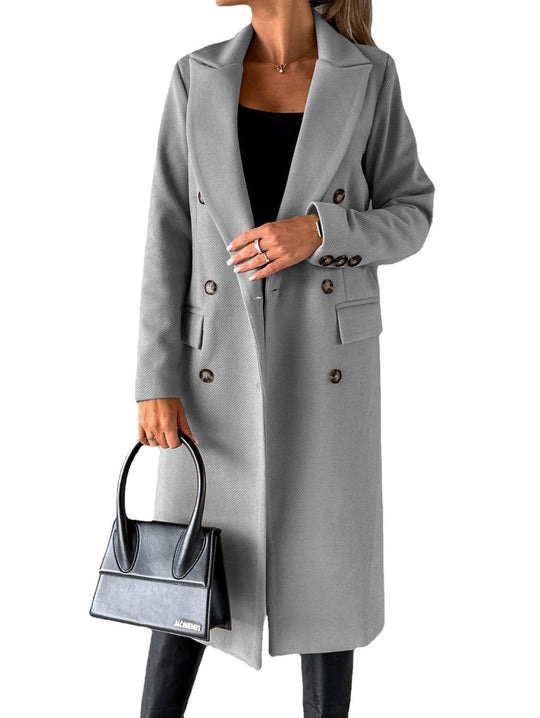 Damen nan klassischer langer Doppelreiher Mantel mit Reverskragen und Pattentaschen EB