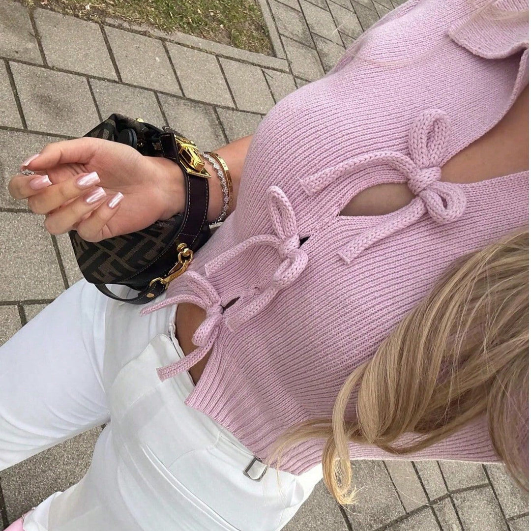 Damen modische Strickjacke mit kurzen Ärmeln und Schleifenverschluss EB