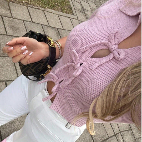 Damen modische Strickjacke mit kurzen Ärmeln und Schleifenverschluss EB