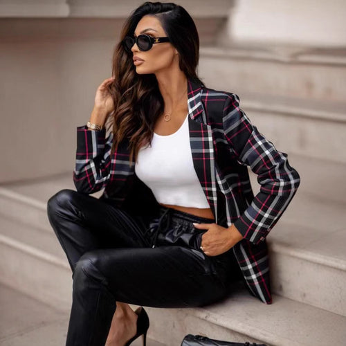 Damen Karierter Blazer mit moden Details und tailliertem Schnitt EB
