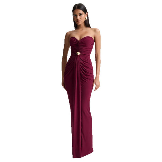Damen Elegantes langes Abendkleid mit gerafftem Oberteil und goldener Schnalle EB