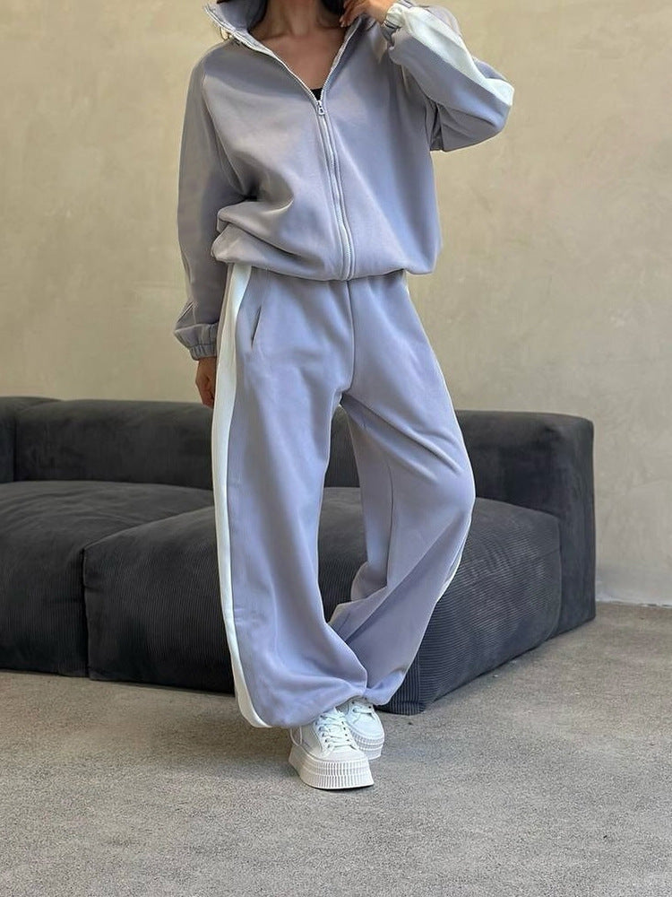 Damen weites Zip-Sweatset mit Kapuze, hohen Bund und seitlichem Kontraststreifen Eichborn Berlin