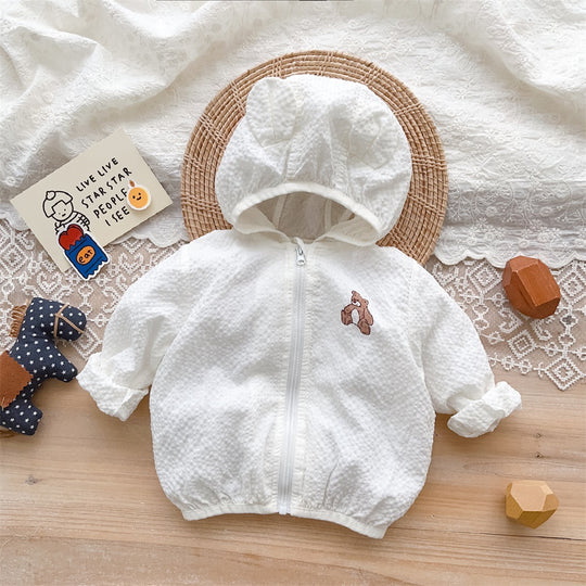 Unisex nan strukturierte Baumwolle Baby Kapuze Zip Front Jacke mit Bären Applikation EB