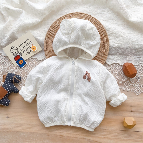 Unisex nan strukturierte Baumwolle Baby Kapuze Zip Front Jacke mit Bären Applikation EB