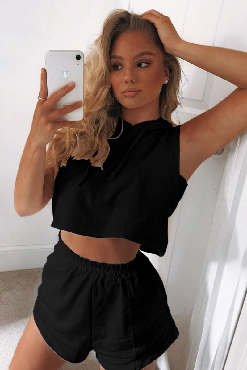 Damen Sportliches Zweiteiliges Set mit Kapuzenoberteil und Shorts EB