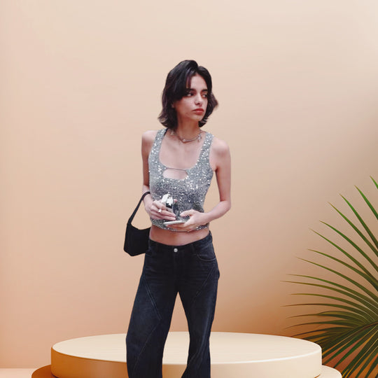 Damen Glitzerndes Crop-Top mit schimmerndem Effekt und scoop-cut Ausschnitt EB