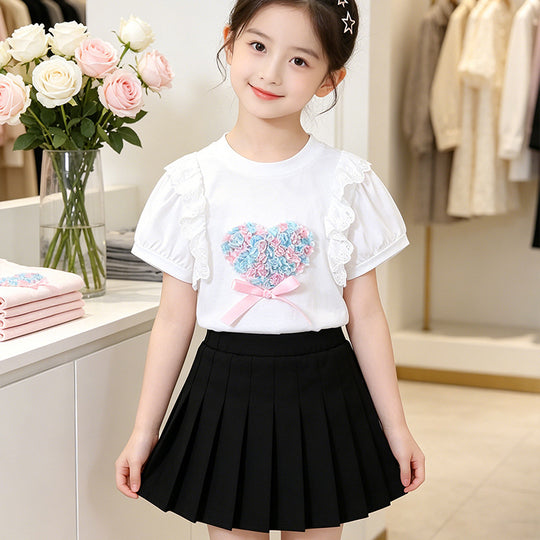 Mädchen T-Shirt mit Herzmotiv und Rüschendetails EB
