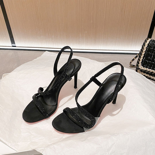Damen elegante High Heel Sandalen mit strassverziertem Riemendesign EB